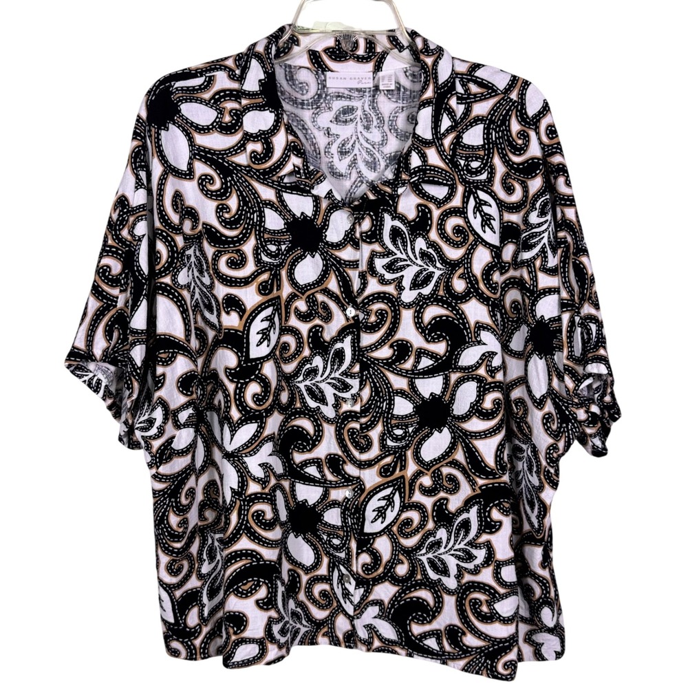 Susan Graver Pure Women's 2X Black White Tan Linen Blend Button Front‎ Blouse